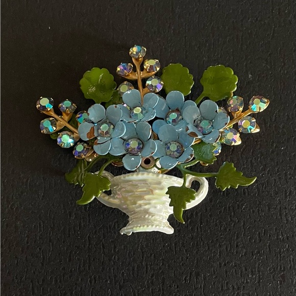 Vintage Jewelry - Vintage Blue Flower Basket Brooch Enamel and AB Rhinestones